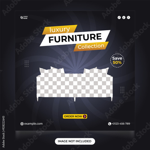 Luxury furniture collection sale social media post. luxury furniture store promotion template with dark gray color. Furniture advertisement and digital marketing web banner template.