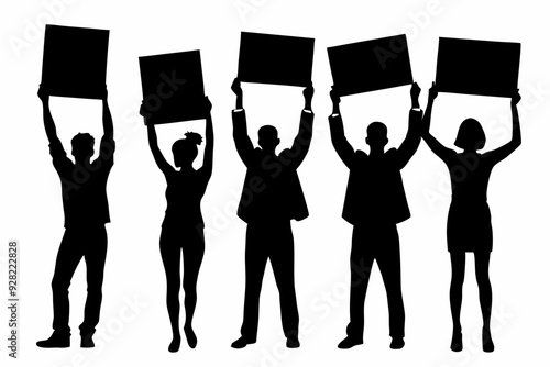 Silhouette of a group of people holding up an empty sign board set. vector illustration