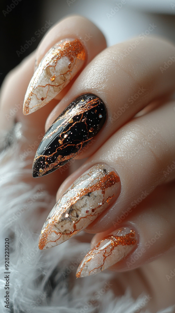Marble Effect Nail Art with Gold Accents Marble Effect Nail Art with Gold Accents