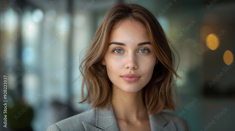 Beautiful brunette female face model with natural skin wearing nice elegance business style clothes with office background Beautiful brunette female face model with natural skin wearing nice elegance business style clothes with office background