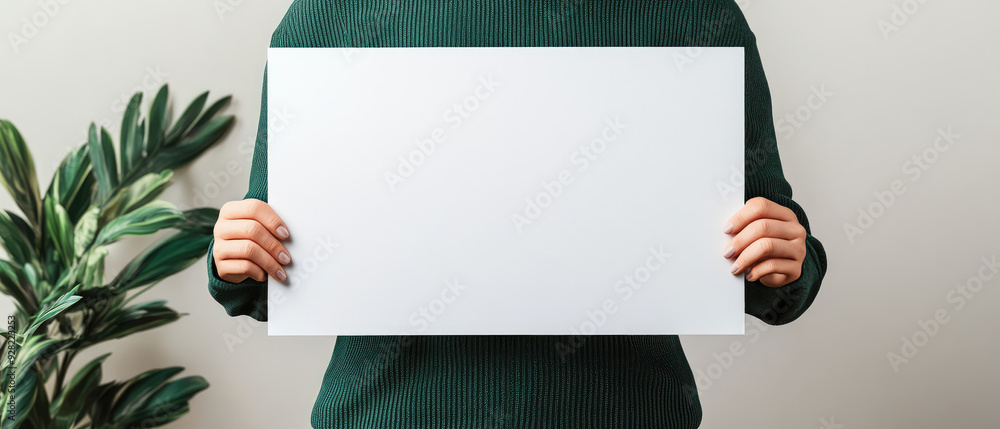 Blank Canvas for Ideas, person holding empty white poster board, green sweater, indoor setting with a decorative plant in the background, inviting creativity and expression. Blank Canvas for Ideas, person holding empty white poster board, green sweater, indoor setting with a decorative plant in the background, inviting creativity and expression.