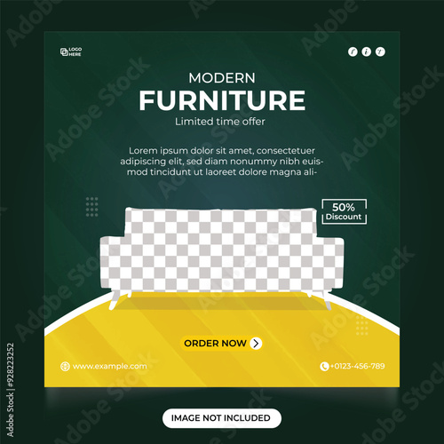 Modern furniture sales social media post design with abstract shapes. Creative furniture store discount template. Furniture business web banner and advertisement template design.
