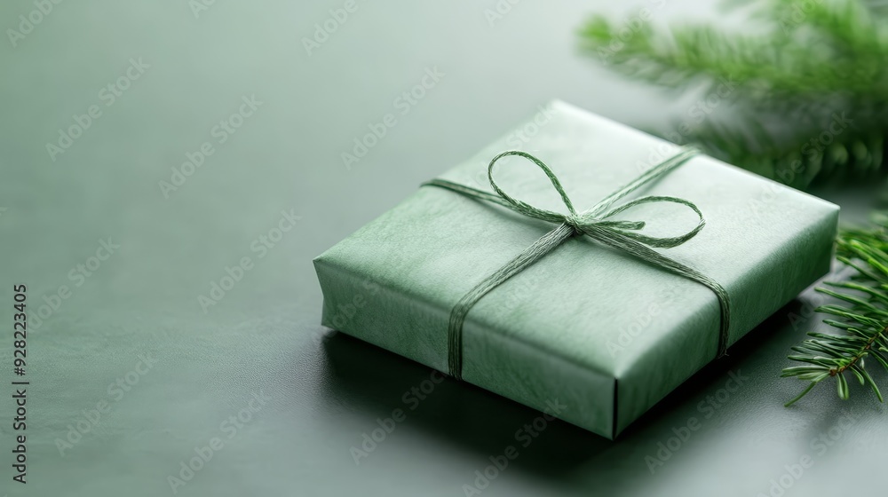 Green gift box with ribbon on green background Green gift box with ribbon on green background