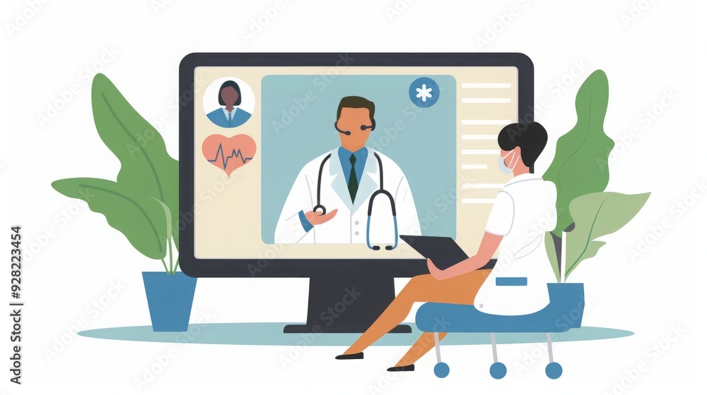 A woman in a white coat is sitting in front of a computer screen having a virtual doctor's appointment. A woman in a white coat is sitting in front of a computer screen having a virtual doctor's appointment.