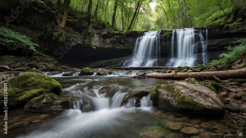 background view of a waterfall in the middle of a beautiful forest
