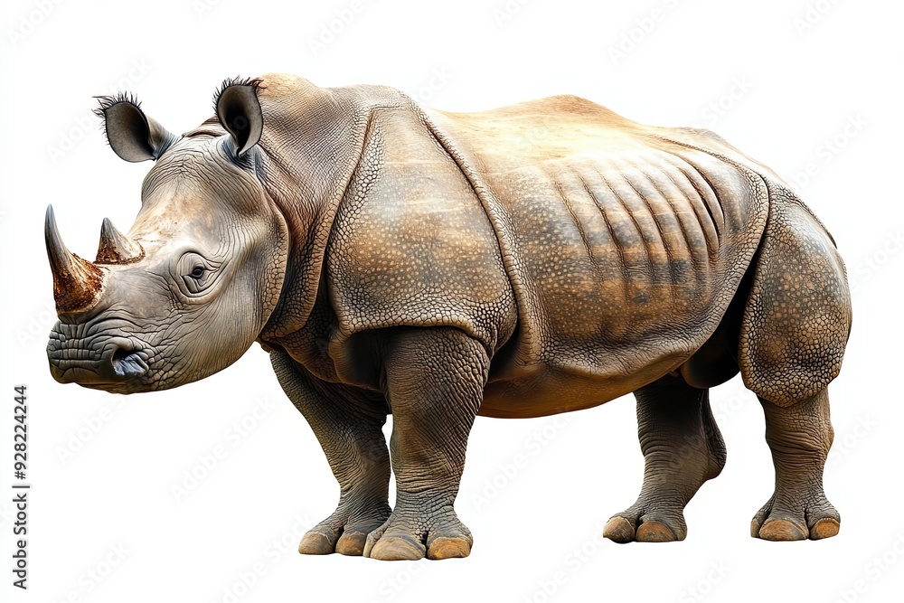 Fototapeta premium A Close-up of a Gray Rhinoceros Standing on a White Background