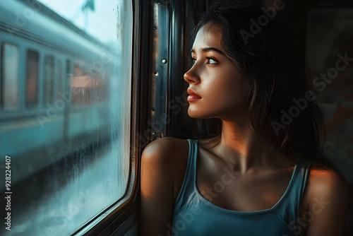 Young woman looking out train window. Traveling