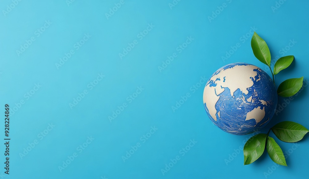 Surreal planet Earth with green leaves on a blue background Surreal planet Earth with green leaves on a blue background