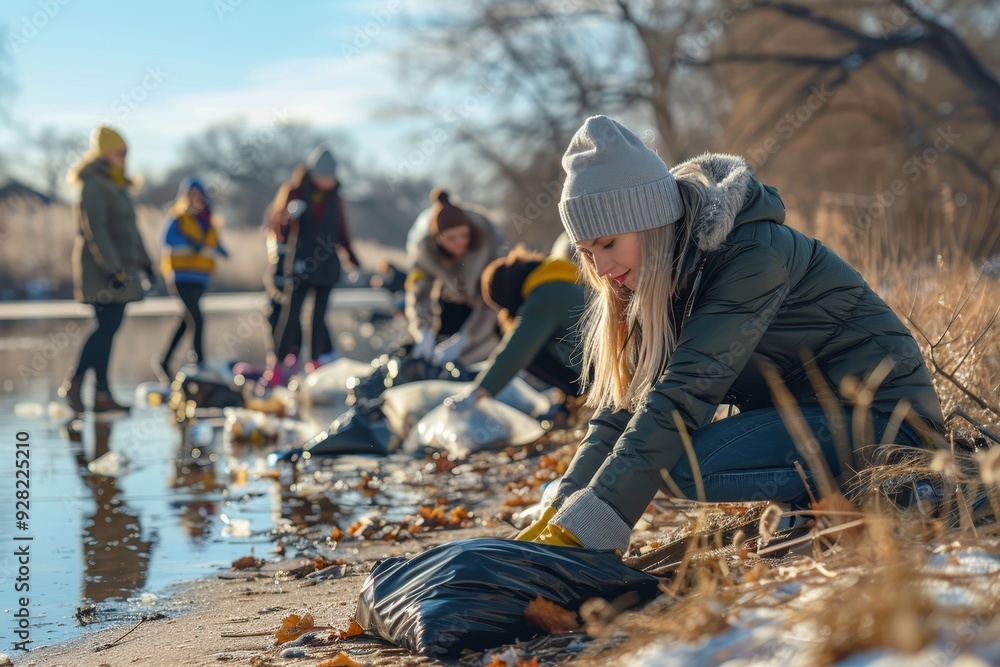 Woman leads volunteers cleaning plastic garbage on reservoir shore in environmental cleanup Woman leads volunteers cleaning plastic garbage on reservoir shore in environmental cleanup