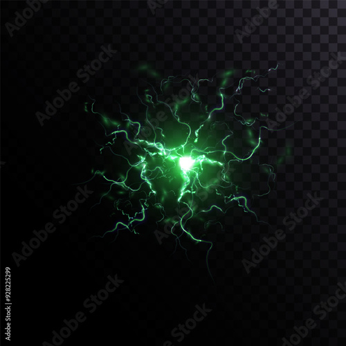 Explosion of quantum light energy with flying sparks and light green lightning, lightning background for creating accent moments in design. Vector