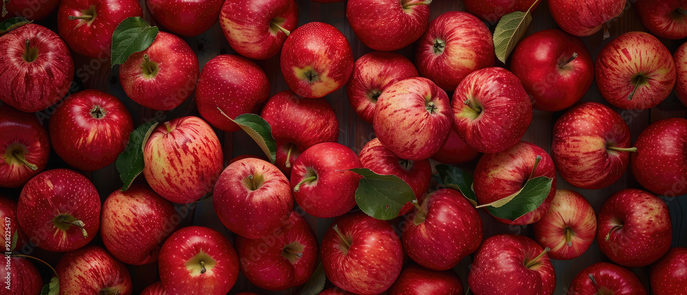 View of a bunch of fresh ripe Apple fruits with neatly arranged from above on a wide flat textured background 