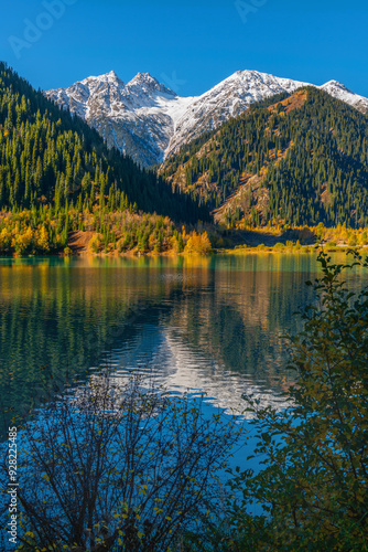 Picturesque mountain lake Issyk in the outskirts of the Kazakh city of Almaty on an autumn morning