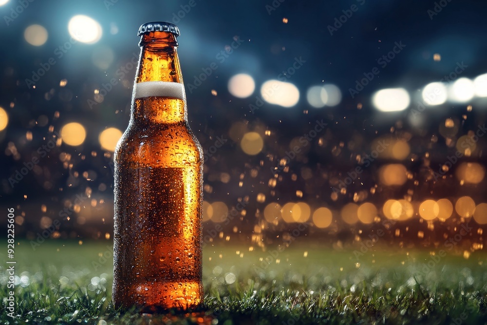 Cold beer bottles with bright night stadium scene in background. Sport, game and fresh drink. Championship football cup. Banner with copy space, Generative AI Cold beer bottles with bright night stadium scene in background. Sport, game and fresh drink. Championship football cup. Banner with copy space, Generative AI