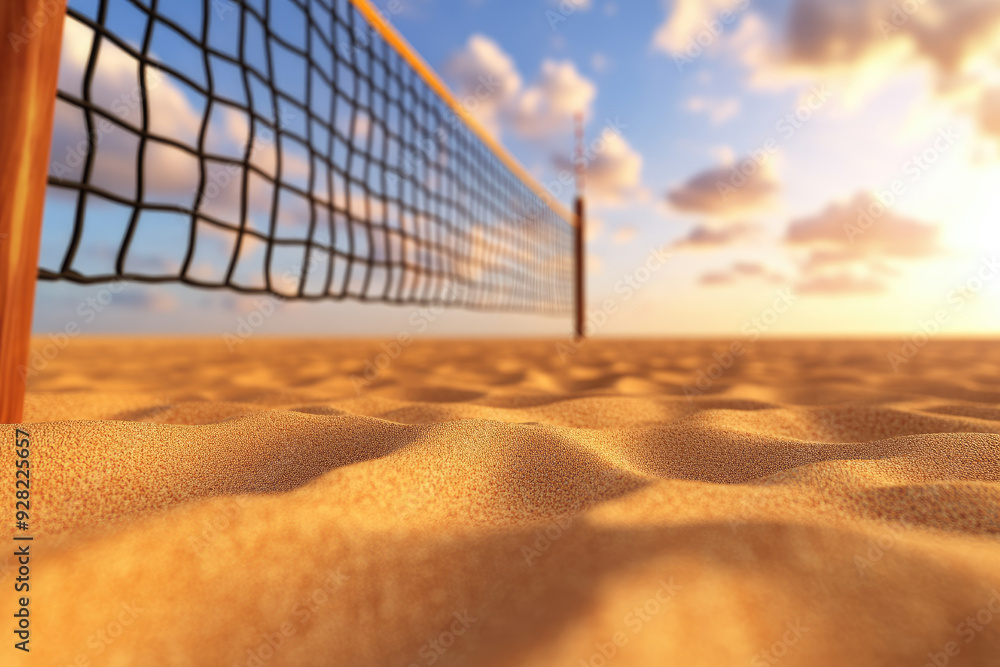 Fototapeta premium Desert volleyball court at sunset, golden sand dunes stretch beneath a taut net, warm hues paint the sky, inviting a game beneath the gentle evening light.
