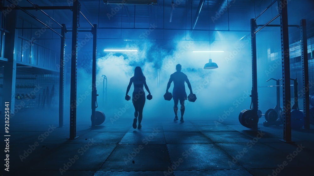Silhouettes of Fitness Enthusiasts in a Blue Lit Gym Silhouettes of Fitness Enthusiasts in a Blue Lit Gym