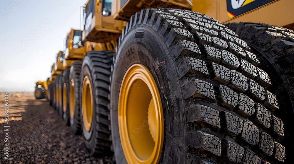 Close-up of rugged construction tires showcasing durability and strength. Close-up of rugged construction tires showcasing durability and strength.