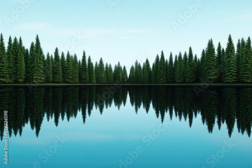 Tranquil Reflection, a serene lake mirrors lush evergreen trees under a clear blue sky, creating a peaceful atmosphere in a natural woodland setting.
