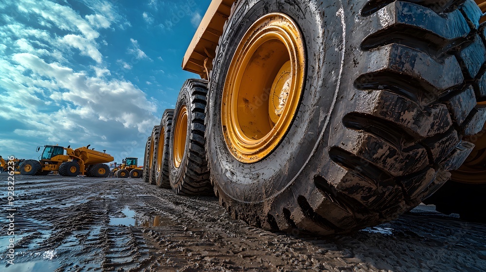 Close-up of heavy-duty tires on construction vehicles against a cloudy sky. Close-up of heavy-duty tires on construction vehicles against a cloudy sky.