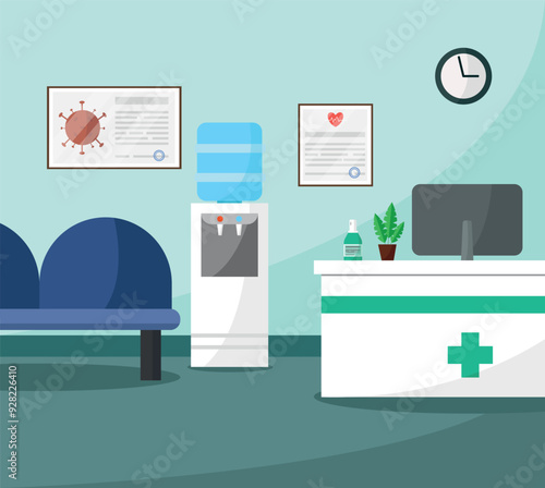 Medical office interior with reception desk and computer. Flat style vector illustration.