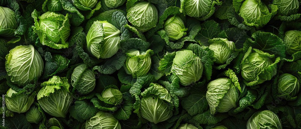 View of a bunch of fresh green Cabbage vegetables with neatly stacked leaves arranged from above on a wide flat textured background View of a bunch of fresh green Cabbage vegetables with neatly stacked leaves arranged from above on a wide flat textured background
