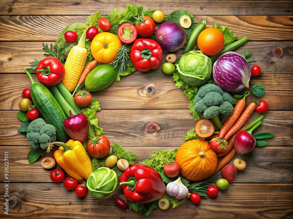 Vibrant illustration of a stylized farmers market icon featuring bright colorful fruits and vegetables surrounded by a circular border with a rustic texture. Vibrant illustration of a stylized farmers market icon featuring bright colorful fruits and vegetables surrounded by a circular border with a rustic texture.