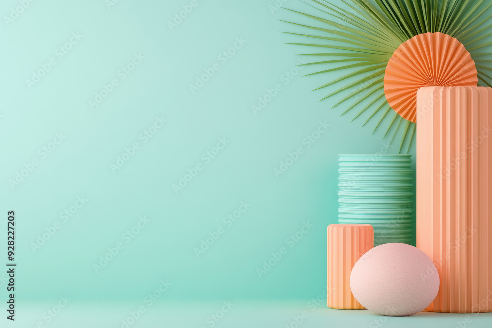 Fototapeta premium Geometric Harmony, a serene arrangement of pastel shapes and textures against a mint backdrop, showcasing a fusion of modern design and natural elements.