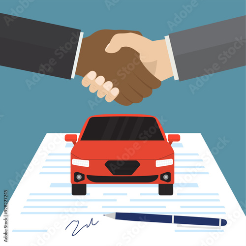 Car Deal with business people handshake. Contract, business hand shaking after negotiation concept. Auto dealer making a deal, shake hands. Rental car, carsharing or trade in.