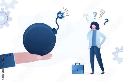 Boss or broker give crisis bomb for investor or female employee. Stock market panic, financial crisis forecast, unexpected problem, difficult decision making,