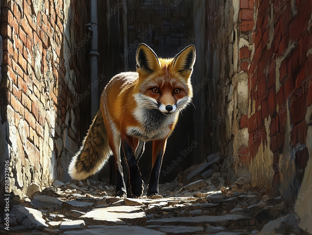 Obraz premium A sleek fox prowling through a dimly lit urban alley