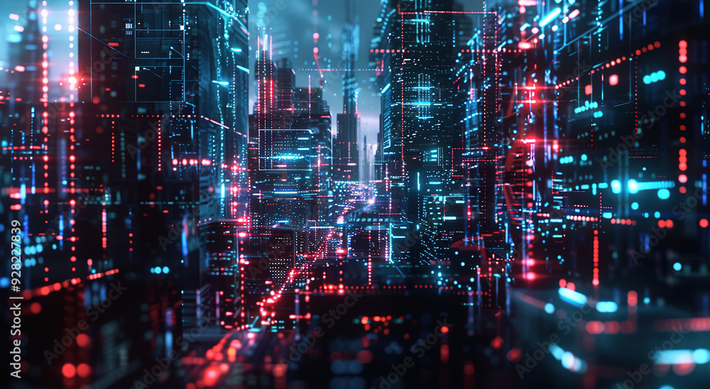 Fototapeta premium A futuristic cityscape with neon lights in blue and red house against a dark background. Concept of technology and cyberpunk urban landscape