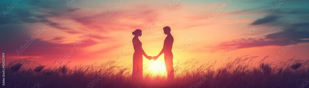 A tilted angle view of an intimate sunset scene, two silhouettes holding hands, minimalist design with soft pastel colors, evoking romance and serenity, digital illustration A tilted angle view of an intimate sunset scene, two silhouettes holding hands, minimalist design with soft pastel colors, evoking romance and serenity, digital illustration