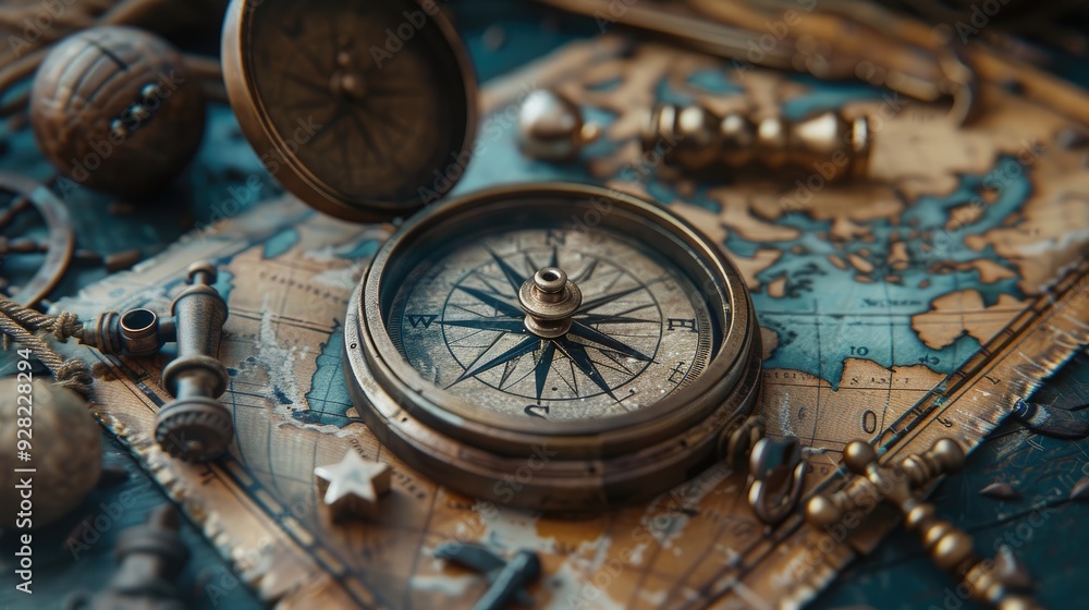 treasure map with compass and old nautical tools Stock Photo | Adobe Stock