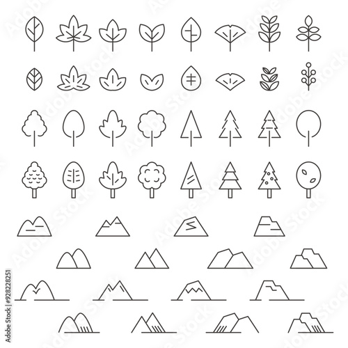 シンプルな山や木の自然の風景のアイコンセット