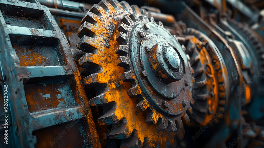 Close-up View of Rusty Gears Interlocking and Turning on an Industrial Machine, Industrial Machinery, Heavy Equipment, Gears, Metal, Rust, Texture, Close-Up Close-up View of Rusty Gears Interlocking and Turning on an Industrial Machine, Industrial Machinery, Heavy Equipment, Gears, Metal, Rust, Texture, Close-Up