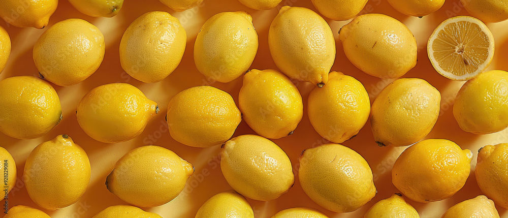View of a bunch pile of fresh yellow Lemon fruits with neatly stacked leaves arranged from above on a wide flat textured background View of a bunch pile of fresh yellow Lemon fruits with neatly stacked leaves arranged from above on a wide flat textured background