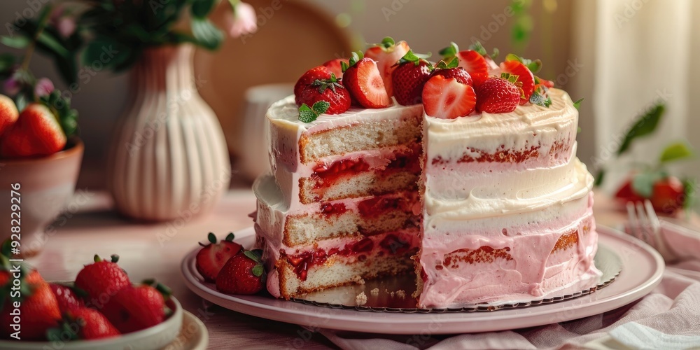 Strawberry Cream Cake with Layers of Sponge Mousse and Jelly Topped with Delicate Cream Frosting and Fresh Strawberries on the Side Strawberry Cream Cake with Layers of Sponge Mousse and Jelly Topped with Delicate Cream Frosting and Fresh Strawberries on the Side