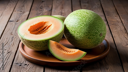 Cantaloupe melon on an old wooden table background, Fresh ripe muskmelon on a table, Sliced cantaloupe melon on a kitchen table