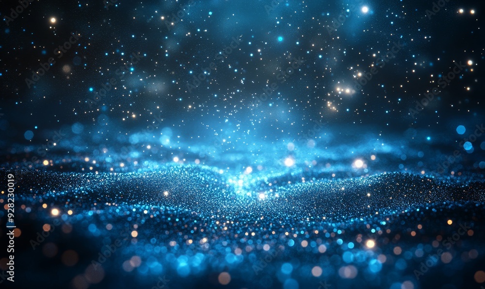 Abstract blue lights and particles with rays of light on a dark background. Digital art of white light shining though the starry sky with glowing star, Generative AI Abstract blue lights and particles with rays of light on a dark background. Digital art of white light shining though the starry sky with glowing star, Generative AI
