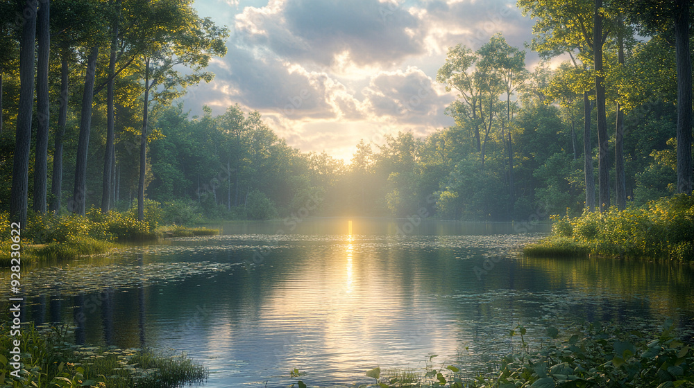 Beautiful landscape depicting a lake surrounded by a forest, photo realistic Beautiful landscape depicting a lake surrounded by a forest, photo realistic