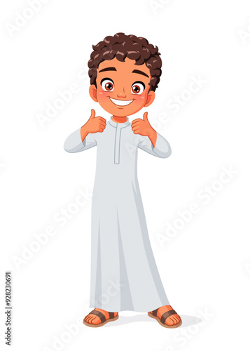 Little Arab school boy showing thumbs up. Cartoon vector illustration.