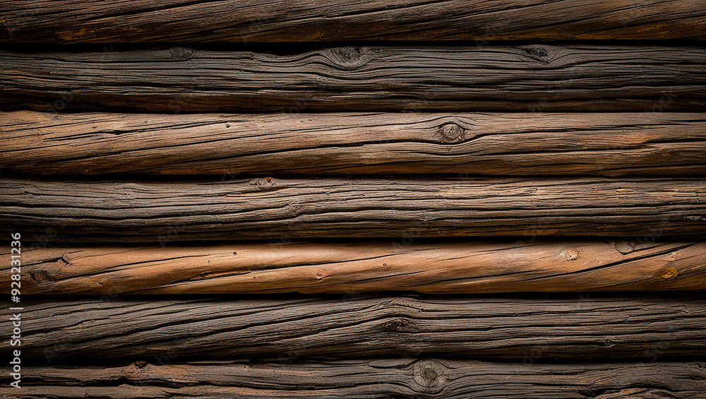 Fototapeta premium Wood log textured wall background, Wall made of grunge brown dwood logs, Tree bark wall pattern, Close up of wooden log wall