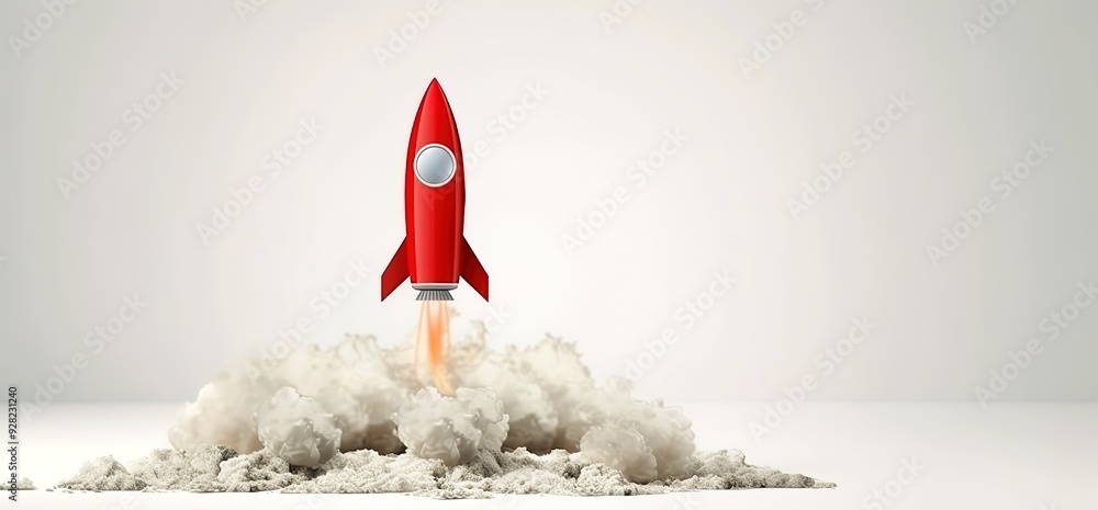 Red toy rocket launching with smoke and dust. Concept of innovation, start up, new business, success, and future. Red toy rocket launching with smoke and dust. Concept of innovation, start up, new business, success, and future.
