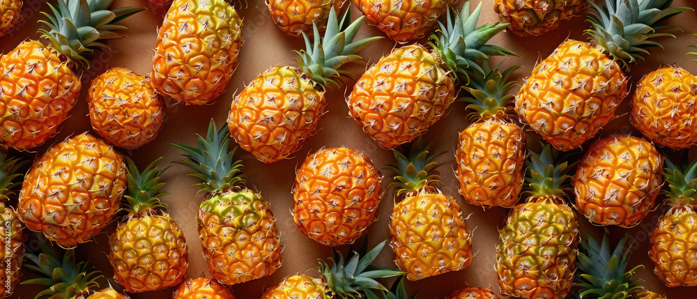 View of a bunch of fresh ripe Pineapple fruits with neatly arranged from above on a wide flat textured background View of a bunch of fresh ripe Pineapple fruits with neatly arranged from above on a wide flat textured background