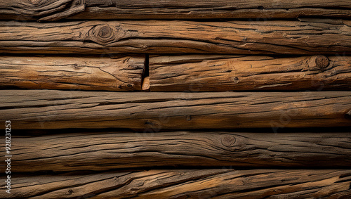 Wood log textured wall background, Wall made of grunge brown dwood logs, Tree bark wall pattern, Close up of wooden log wall photo