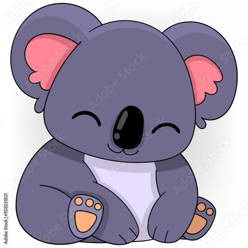 purple koala is sitting alone, his face is smiling friendly greeting