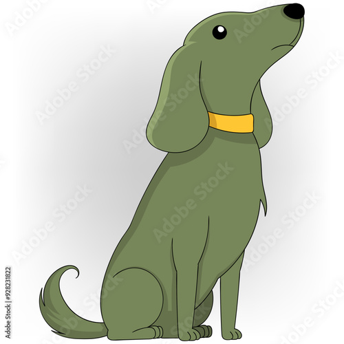green dog with a yellow collar is sitting waiting for its owner