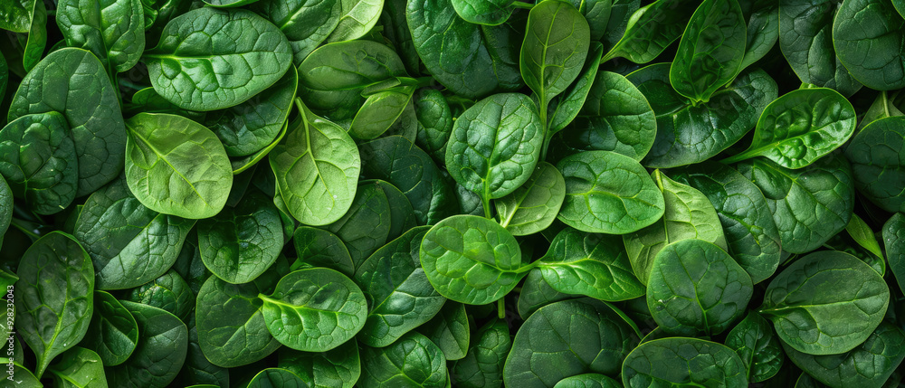 View of a bunch of fresh green Spinach vegetables with neatly stacked leaves arranged from above on a wide flat textured background View of a bunch of fresh green Spinach vegetables with neatly stacked leaves arranged from above on a wide flat textured background