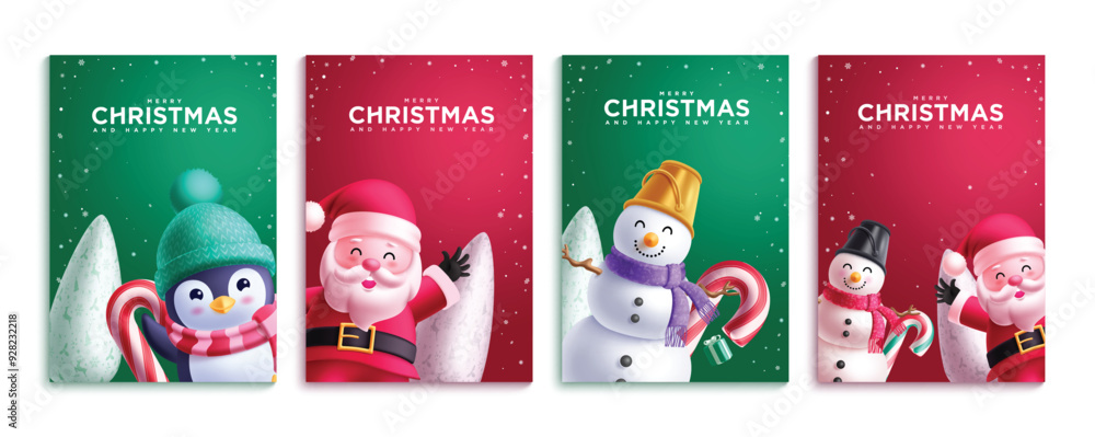 Fototapeta premium Christmas characters greeting card vector poster set. Santa claus, penguin and snowman character in friendly waving pose for gift tags collection. Vector illustration holiday cards design. 