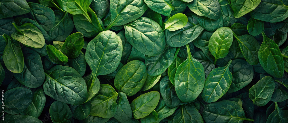 View of a bunch of fresh green Spinach vegetables with neatly stacked leaves arranged from above on a wide flat textured background View of a bunch of fresh green Spinach vegetables with neatly stacked leaves arranged from above on a wide flat textured background
