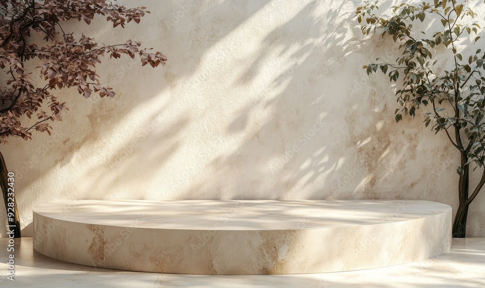 beige brown cement curve counter podium with texture, soft beautiful dappled sunlight, leaf shadow on white wall for luxury organic cosmetic, skincare, beauty treatment product background, Generative beige brown cement curve counter podium with texture, soft beautiful dappled sunlight, leaf shadow on white wall for luxury organic cosmetic, skincare, beauty treatment product background, Generative